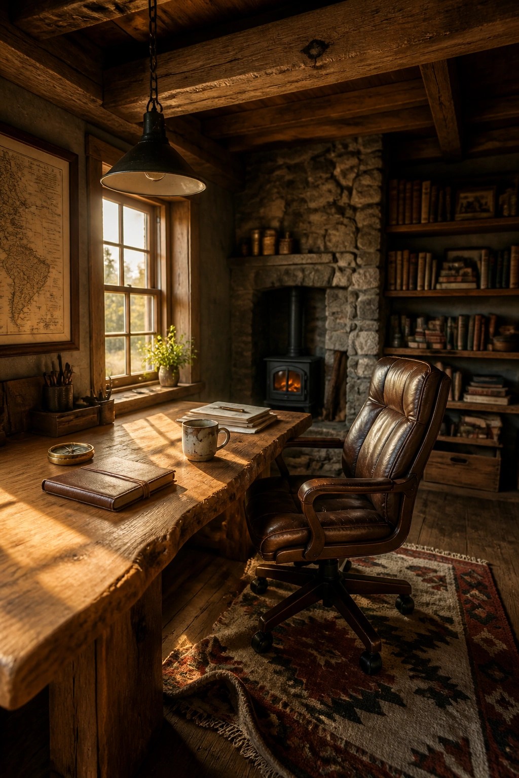 A rustic home office with a brown leather swivel chair pulled up to a wooden desk, a stone fireplace, and built-in bookshelves.
