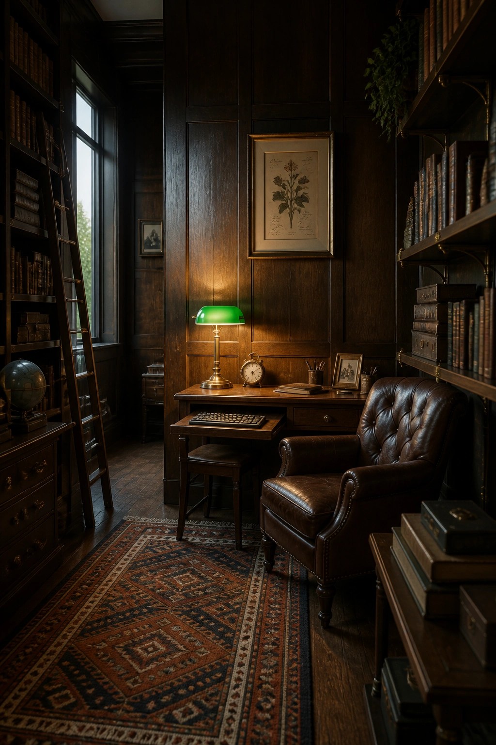 A dark wood home office with a wooden desk, green banker's lamp, and brown leather armchair on a patterned rug.