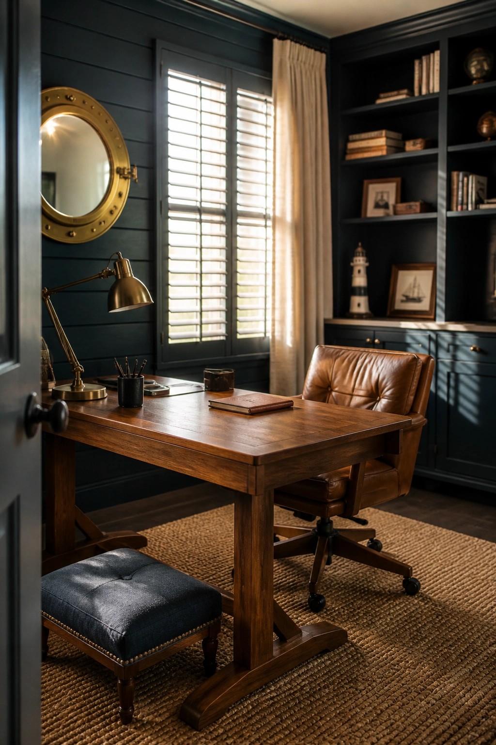 A wooden desk with a brown leather swivel chair and a dark blue ottoman on a woven rug in a navy home office.