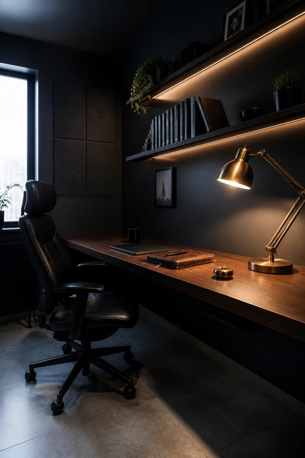 A home office featuring a black leather ergonomic chair at a long wooden desk with under-shelf lighting and a brass desk lamp.
