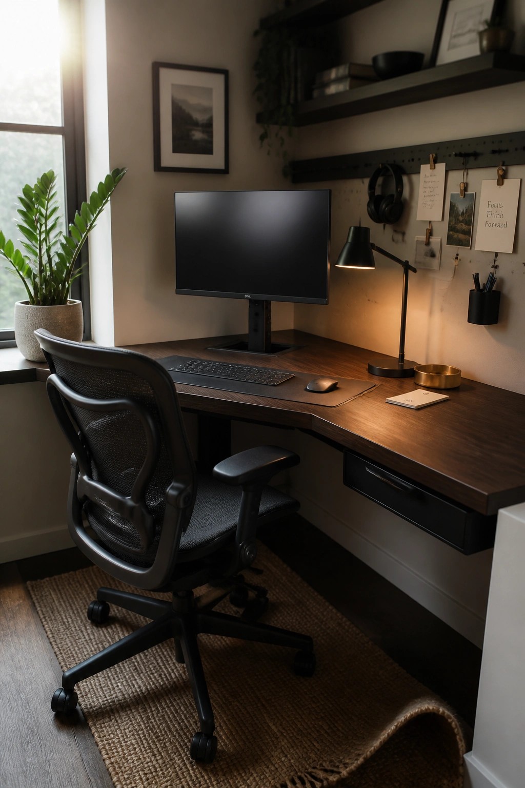 Modern home office with wooden desk, black ergonomic chair, monitor, and lit lamp.