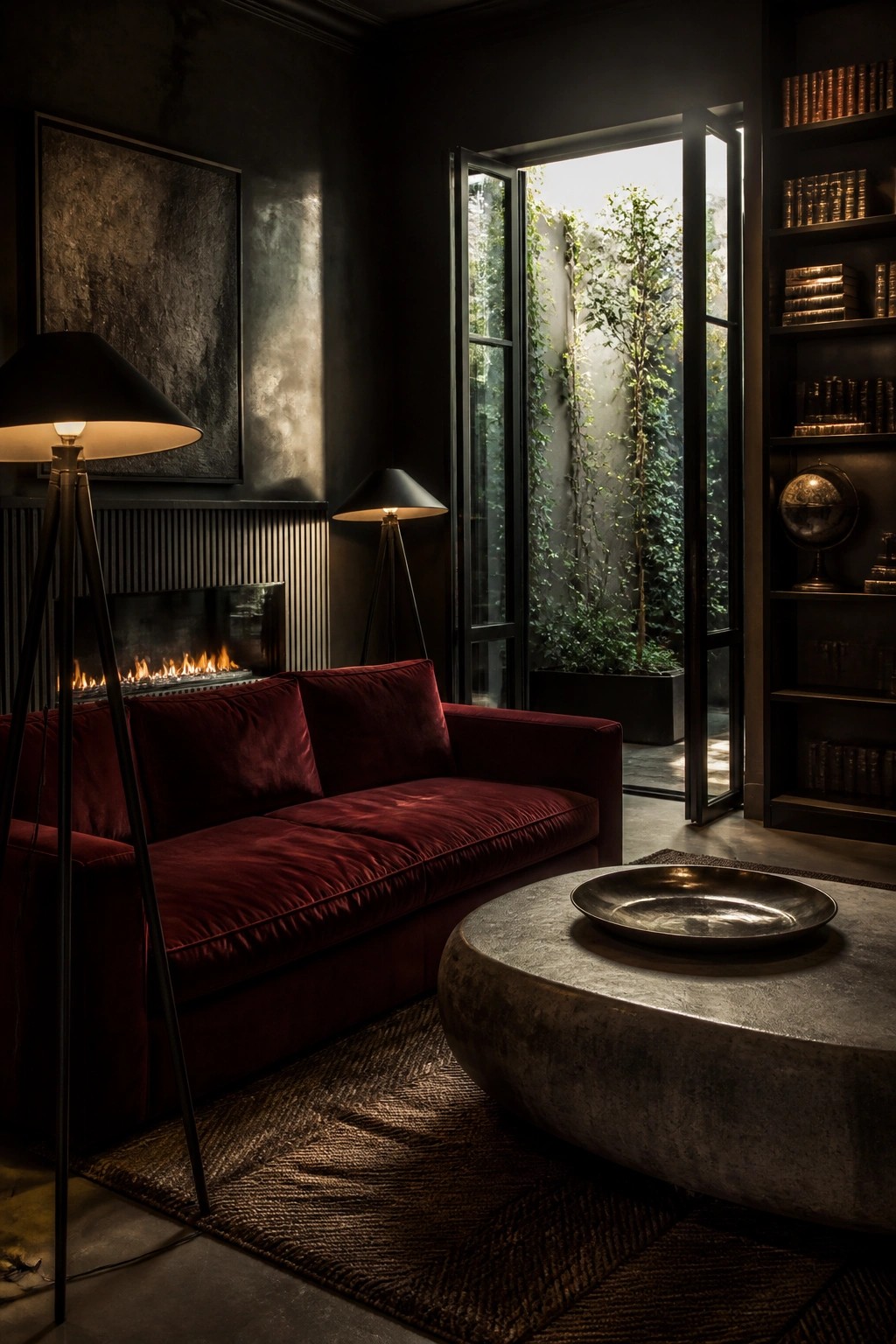 A dark living room with a red velvet sofa in front of a fireplace, two black floor lamps, built-in bookshelves, and open glass doors leading to an outdoor courtyard with plants.