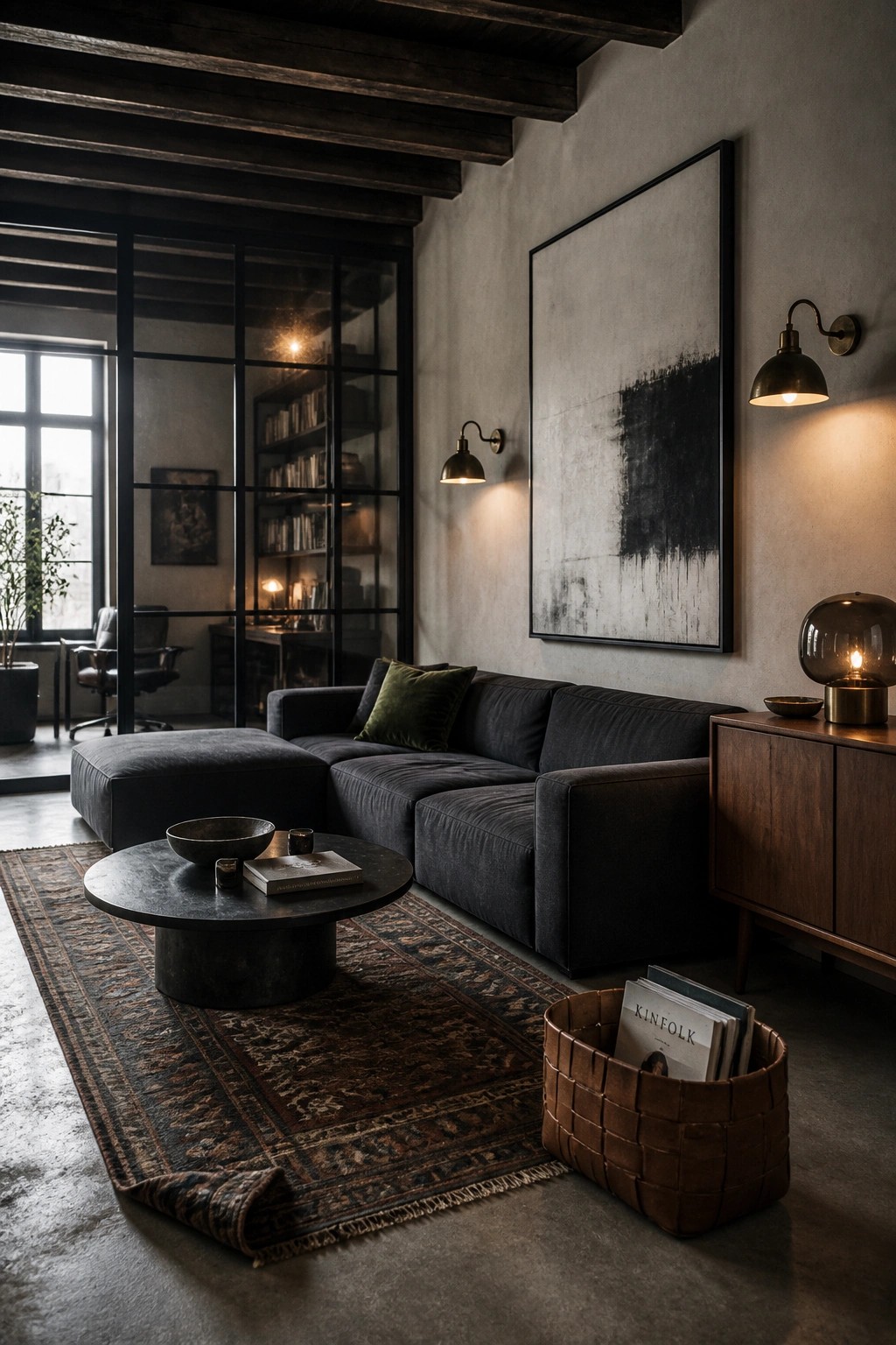 A living room featuring a large dark gray sectional sofa, round black coffee table on a patterned rug, concrete walls, and abstract black-and-white artwork.