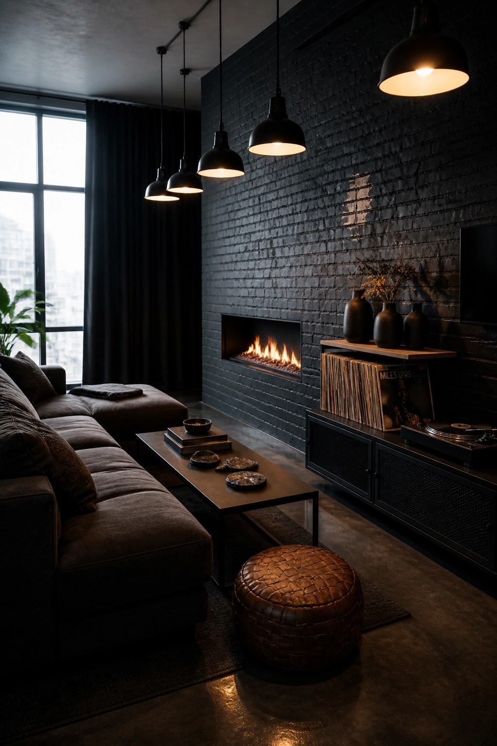 A dark living room featuring a black brick wall with a built-in linear fireplace, a dark sectional sofa, a black media console, and several black pendant lights.