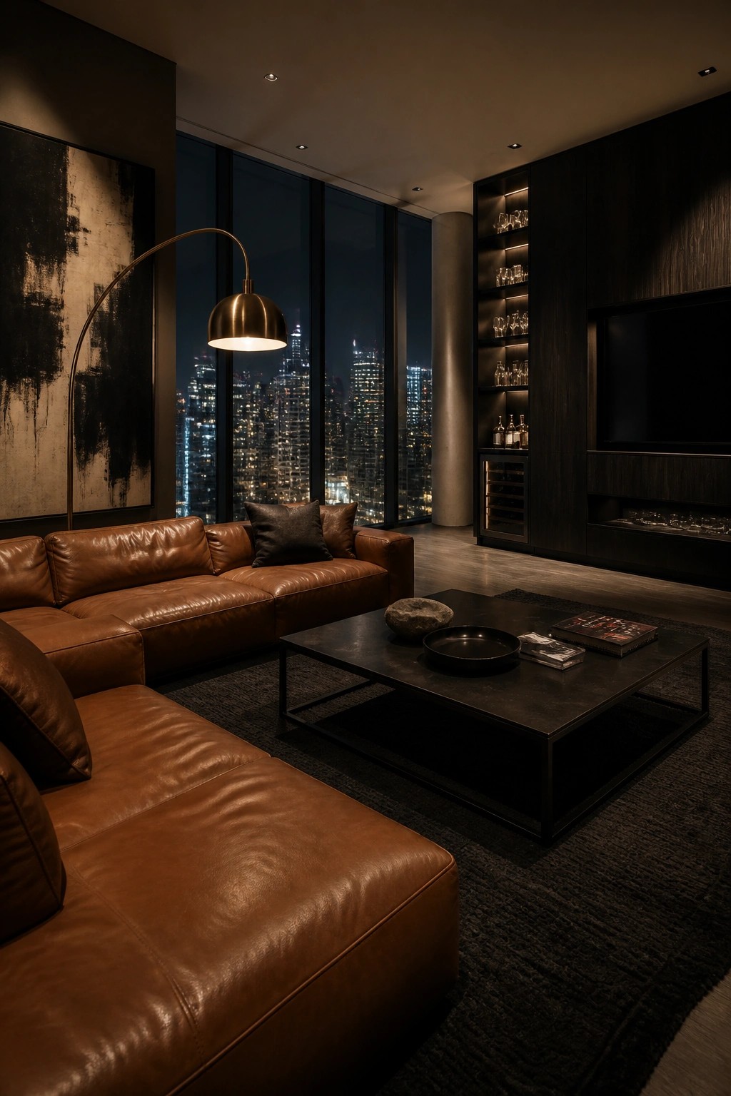 A dark modern living room featuring a large brown leather sectional sofa, black coffee table, arched floor lamp, abstract wall art, and floor-to-ceiling windows with a nighttime city skyline view.