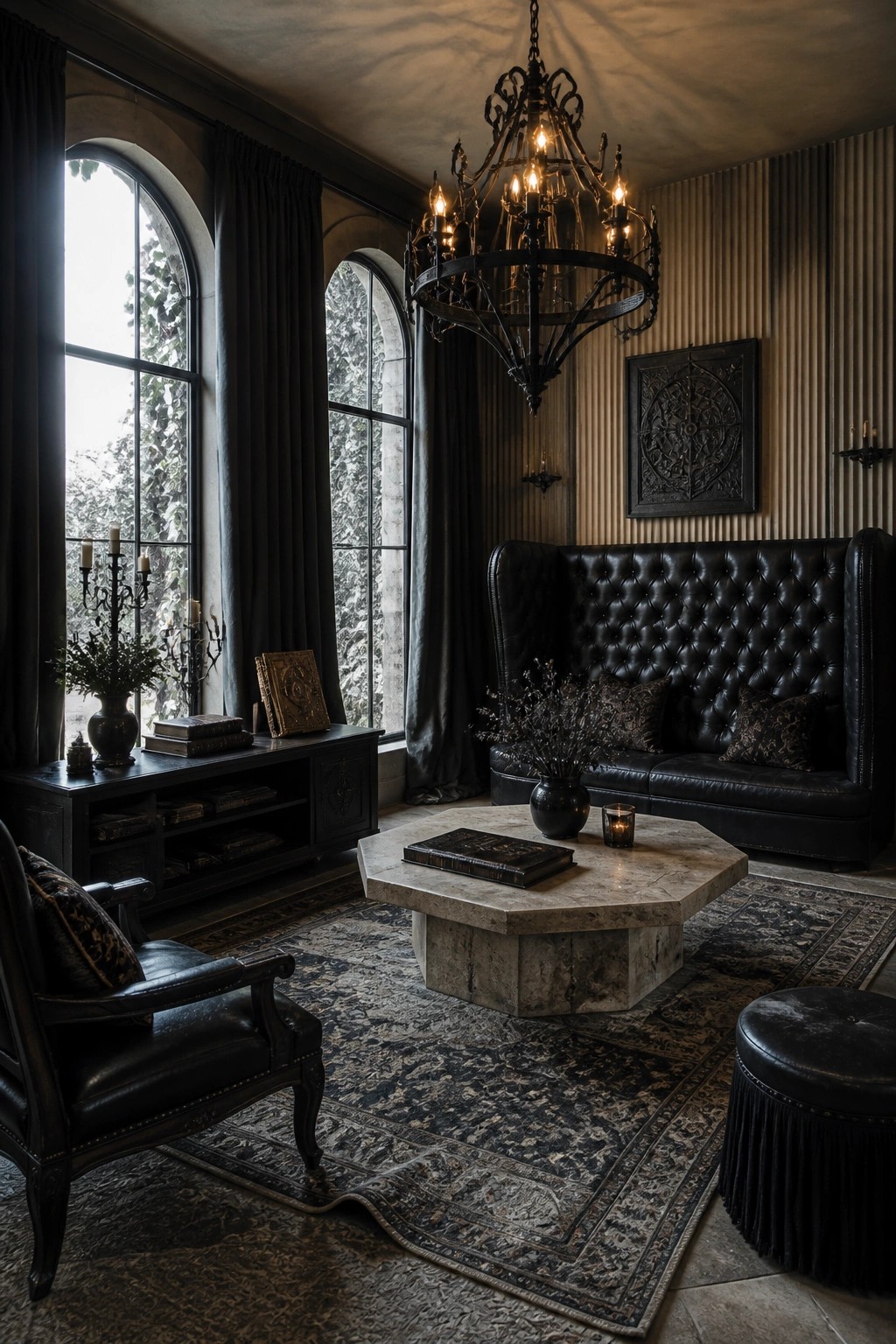 A dark living room with a large tufted black leather sofa, a stone coffee table, an ornate black chandelier, and arched windows with heavy curtains.