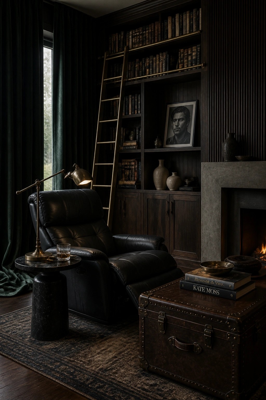 A black leather recliner sits beside a dark wood built-in bookshelf with a brass ladder, a lit brass lamp on a side table, and a stone fireplace to the right.