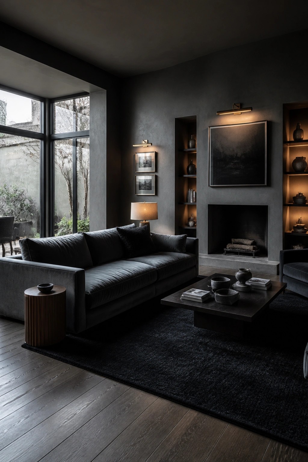 A dark living room with a long sofa, coffee table on a black rug, and a fireplace flanked by built-in illuminated shelves.