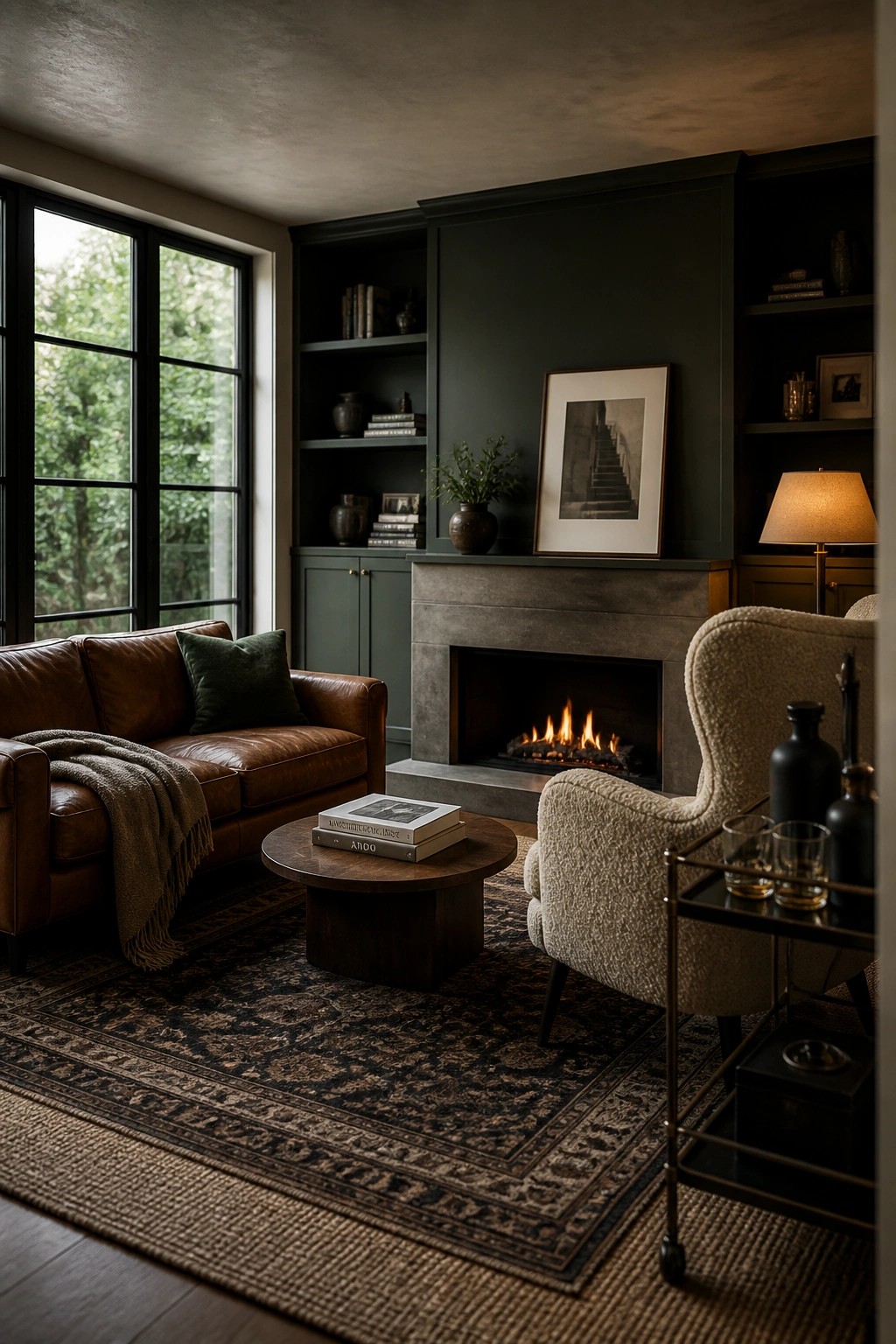 A living room featuring dark green built-in cabinetry surrounding a concrete fireplace, a brown leather sofa, a round coffee table, and a beige armchair on a patterned rug.