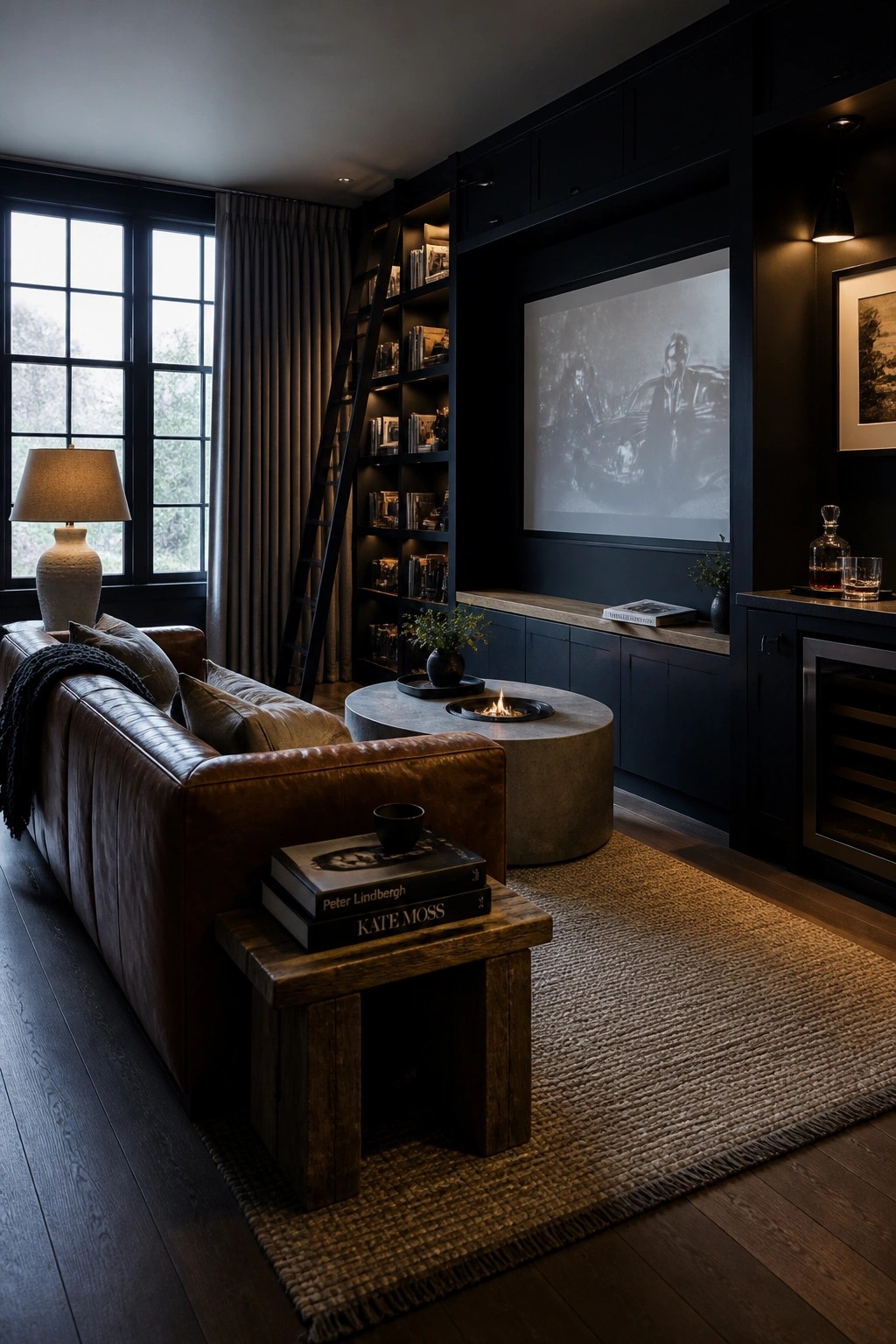 A moody living room with dark built-in shelving, a rolling ladder, brown leather sofa, round concrete fire table, and large projection screen on the wall.