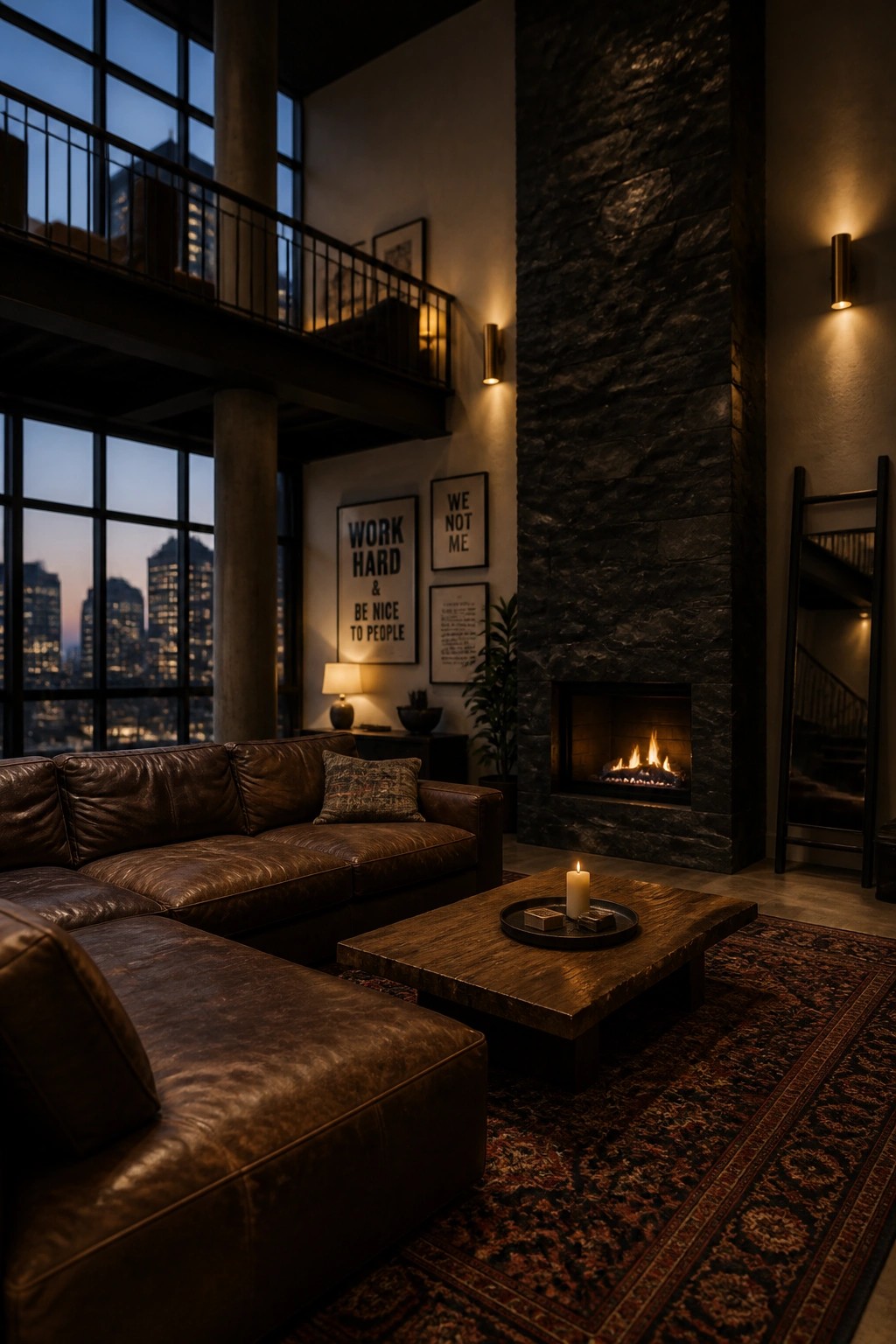 A living room with a large brown leather sectional sofa, wooden coffee table, stone fireplace, and large windows overlooking a city skyline at dusk.