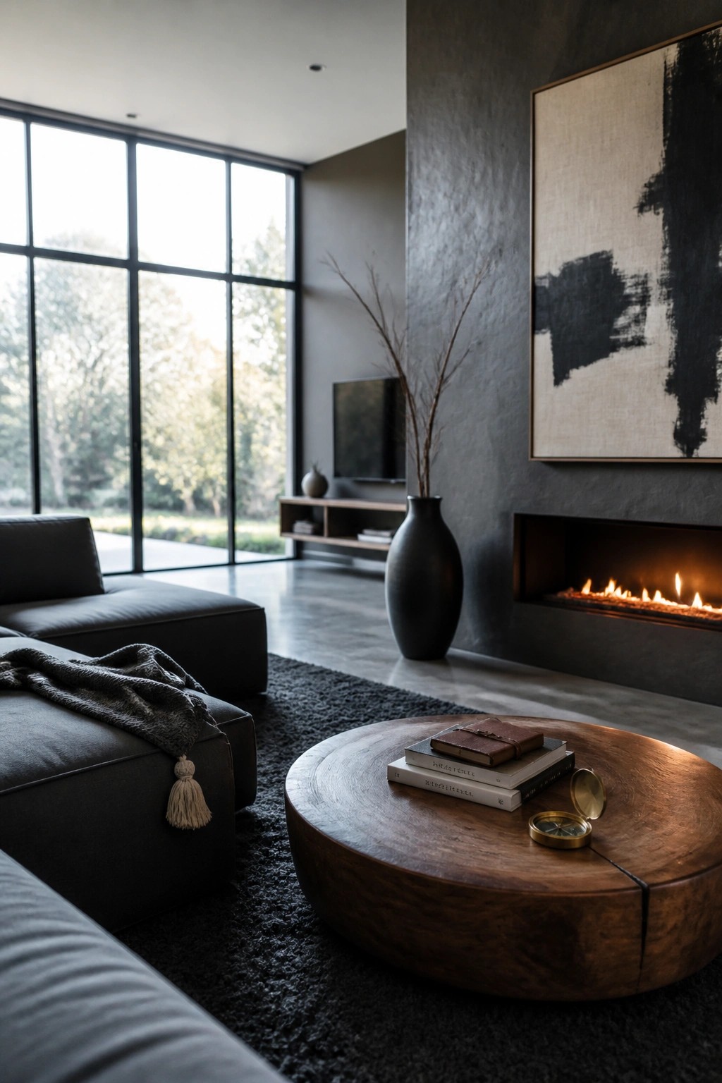 Modern living room with black leather sofa, round wood table, fireplace, and abstract art