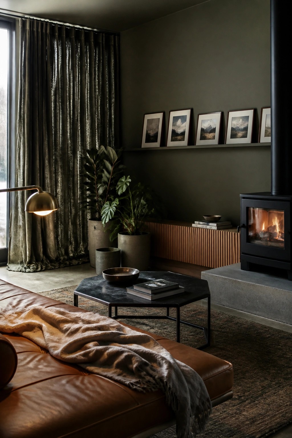 A living room with dark green walls, a brown leather sofa, black coffee table, potted plants, and a black wood-burning stove on a concrete platform.