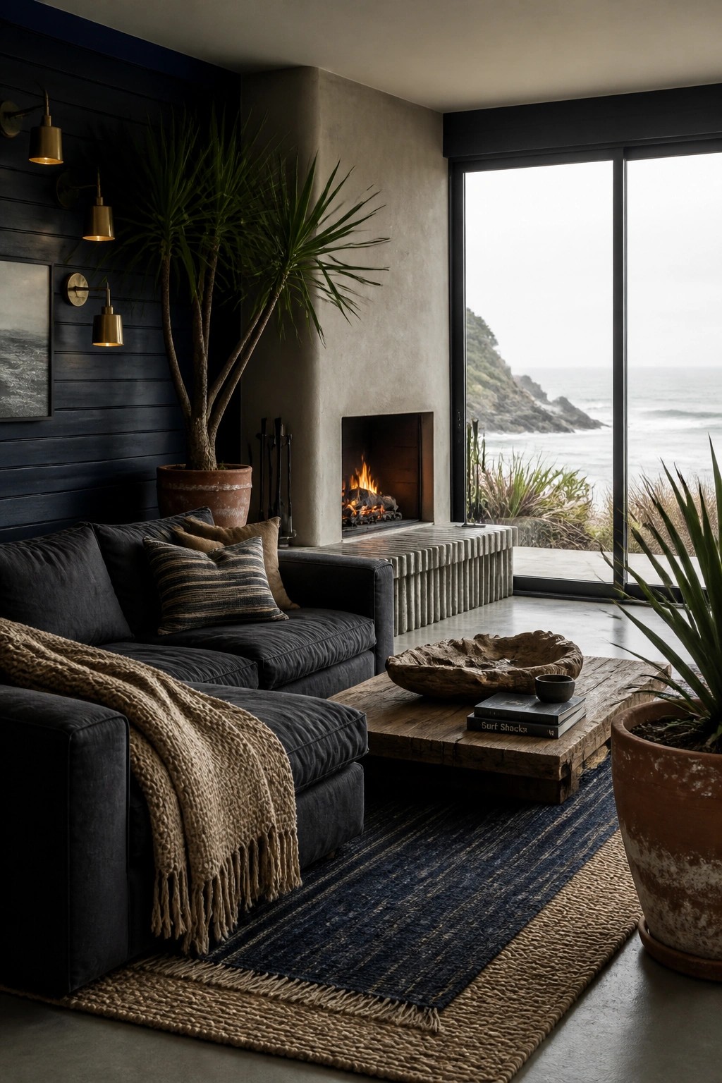 A living room featuring a dark navy accent wall, dark sectional sofa, wooden coffee table, and fireplace beside large ocean-view windows.