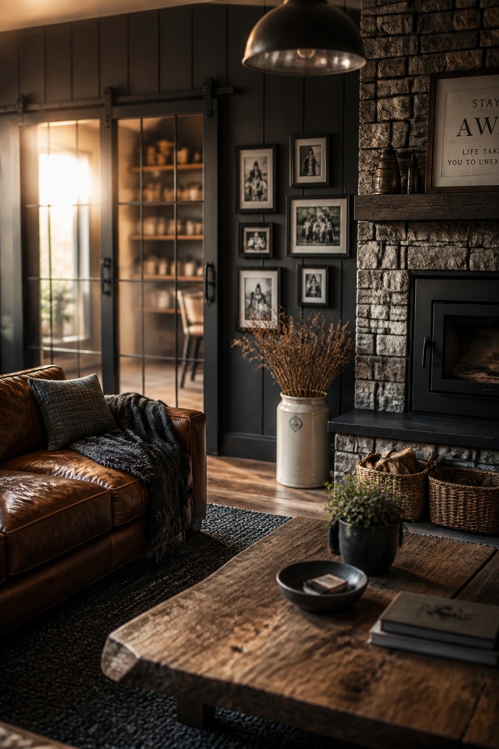Cozy rustic living room with leather sofa, wooden table, stone fireplace, and gallery wall.