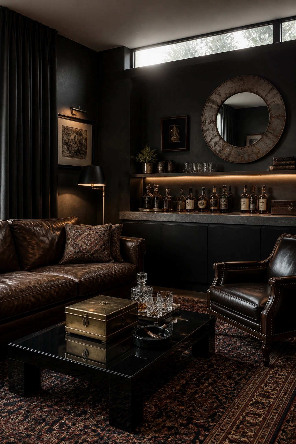 A dark living room with brown leather sofa and armchair, a black coffee table, and a backlit bar shelf holding liquor bottles beneath a round mirror.