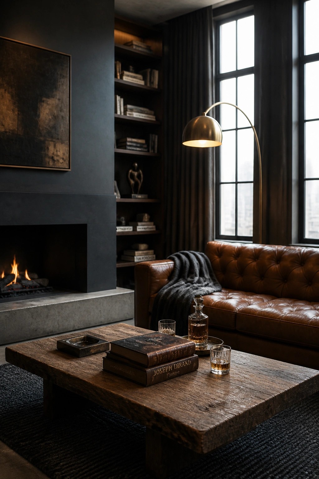 A living room with dark walls, a brown leather sofa, a wooden coffee table holding books and glasses, and a lit fireplace.