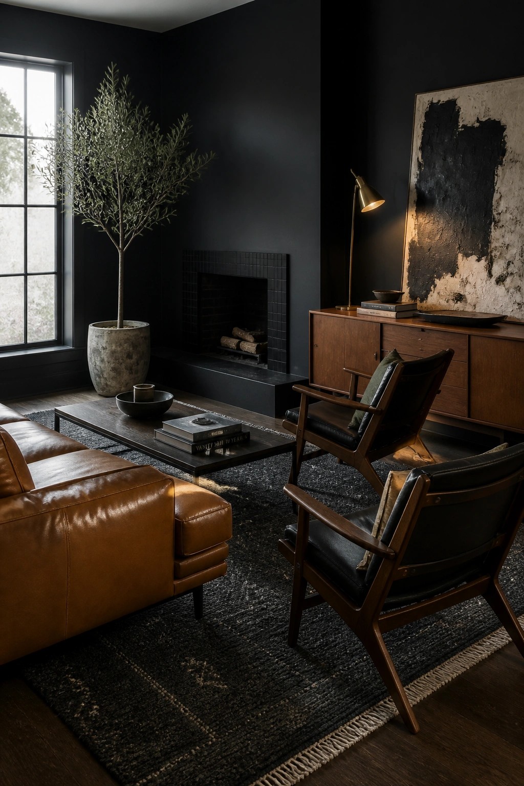 Dark living room with leather sofa, wooden armchairs, fireplace, plant, and abstract art.