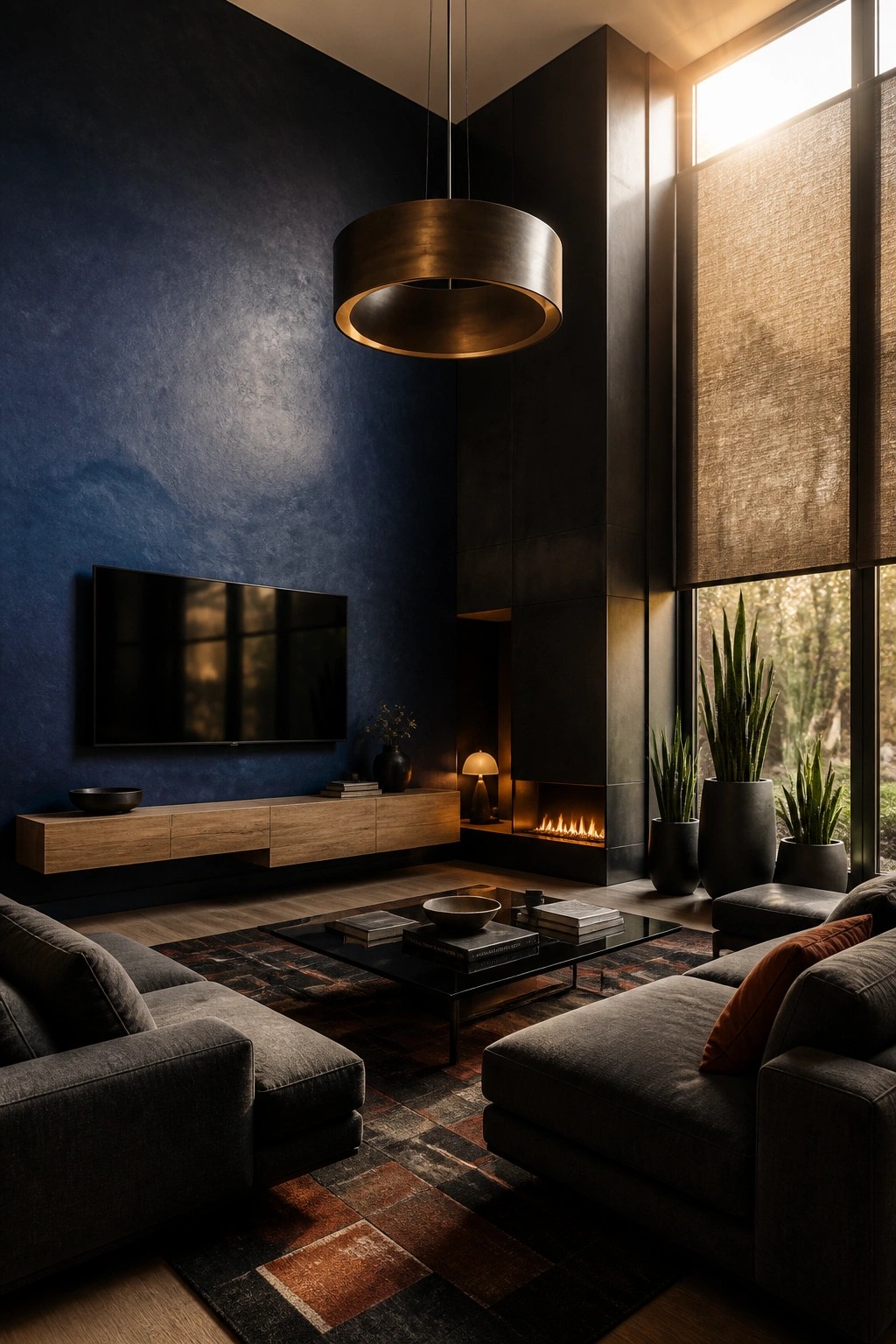 Modern living room with navy wall, mounted TV, fireplace, gray sofas, and pendant light.