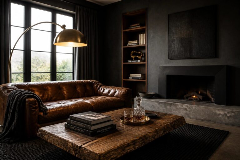 A living room with dark walls, a brown leather sofa, a wooden coffee table holding books and glasses, and a lit fireplace.