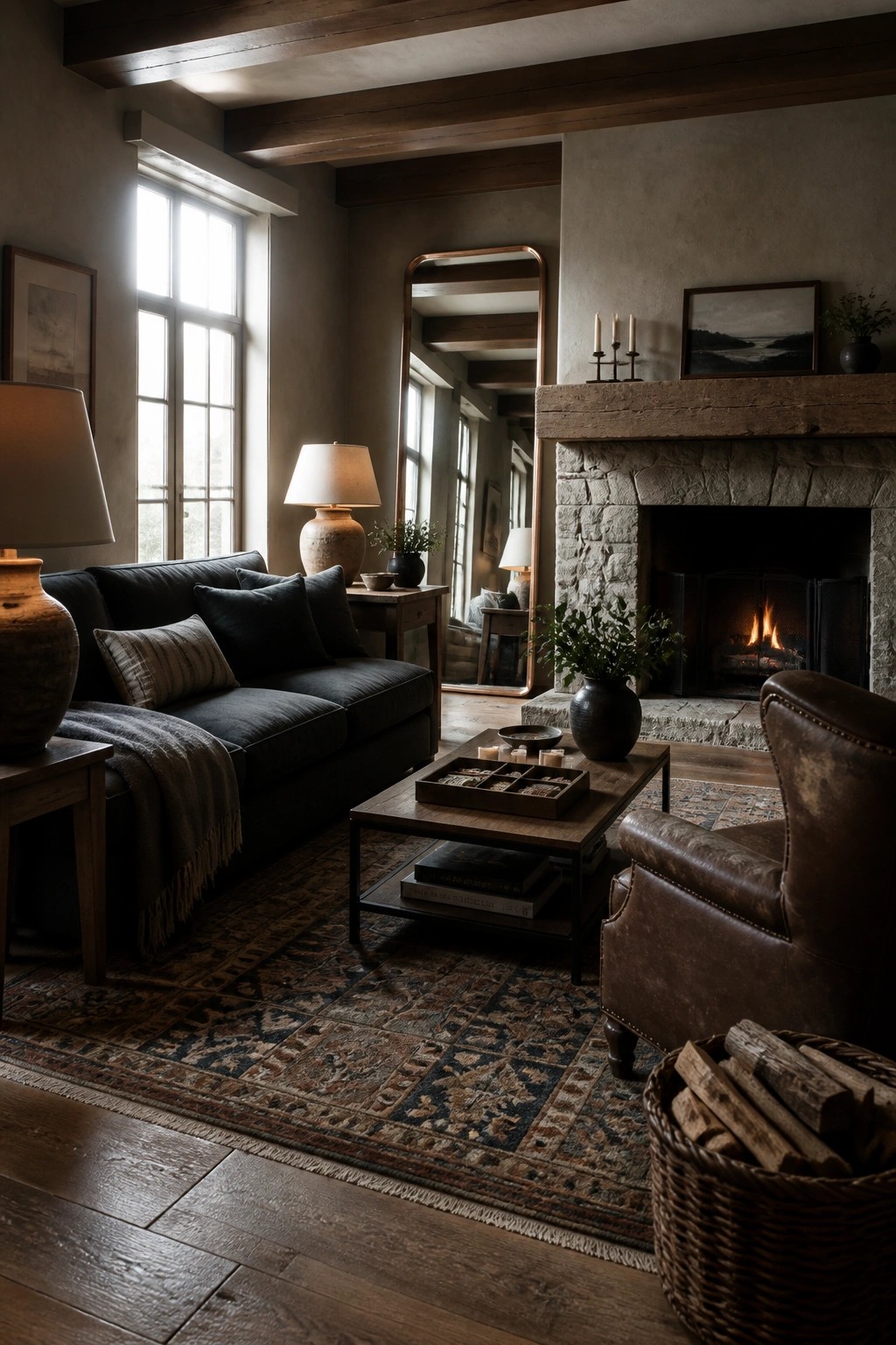 A living room with a dark fabric sofa, brown leather armchair, stone fireplace, wooden coffee table, and patterned rug.