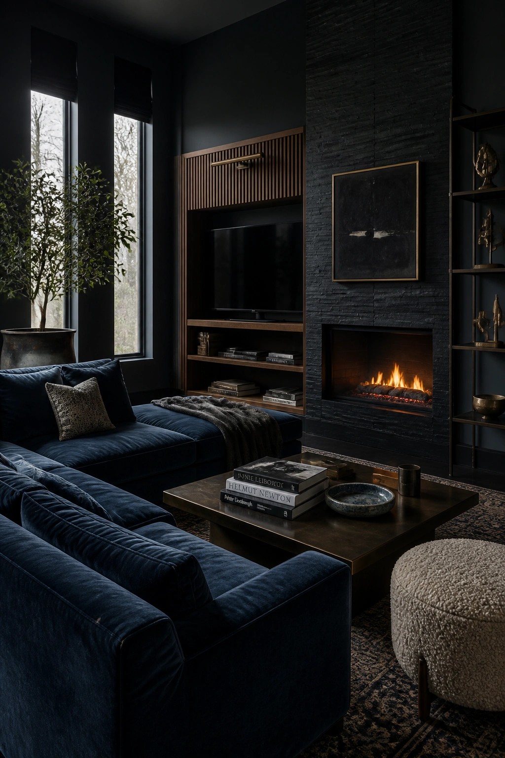 Dark living room with navy velvet sofa, stone fireplace, and wooden coffee table