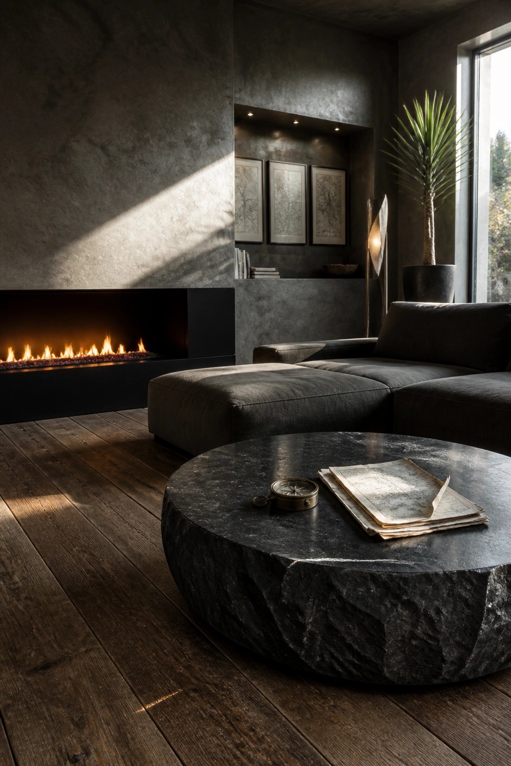 A modern living room with dark concrete walls, a linear fireplace, a dark sectional sofa, and a large round stone coffee table holding a compass and old maps.