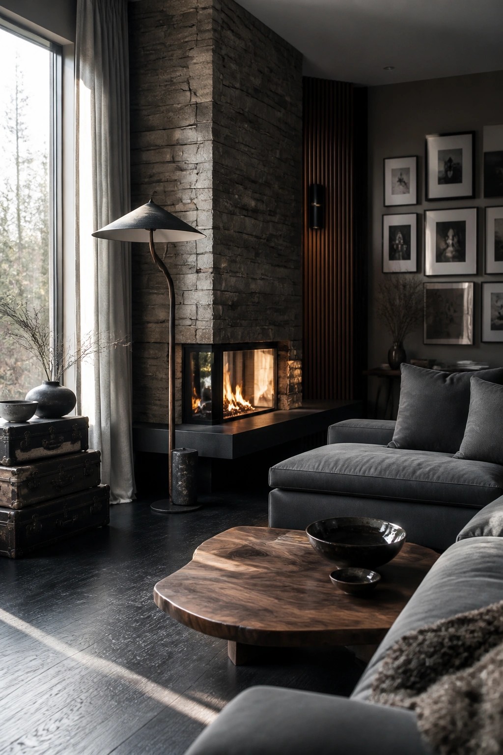 A living room with a tall dark stone fireplace wall, burning fire, gray sectional sofa, wooden coffee table, floor lamp, and large window on the left.