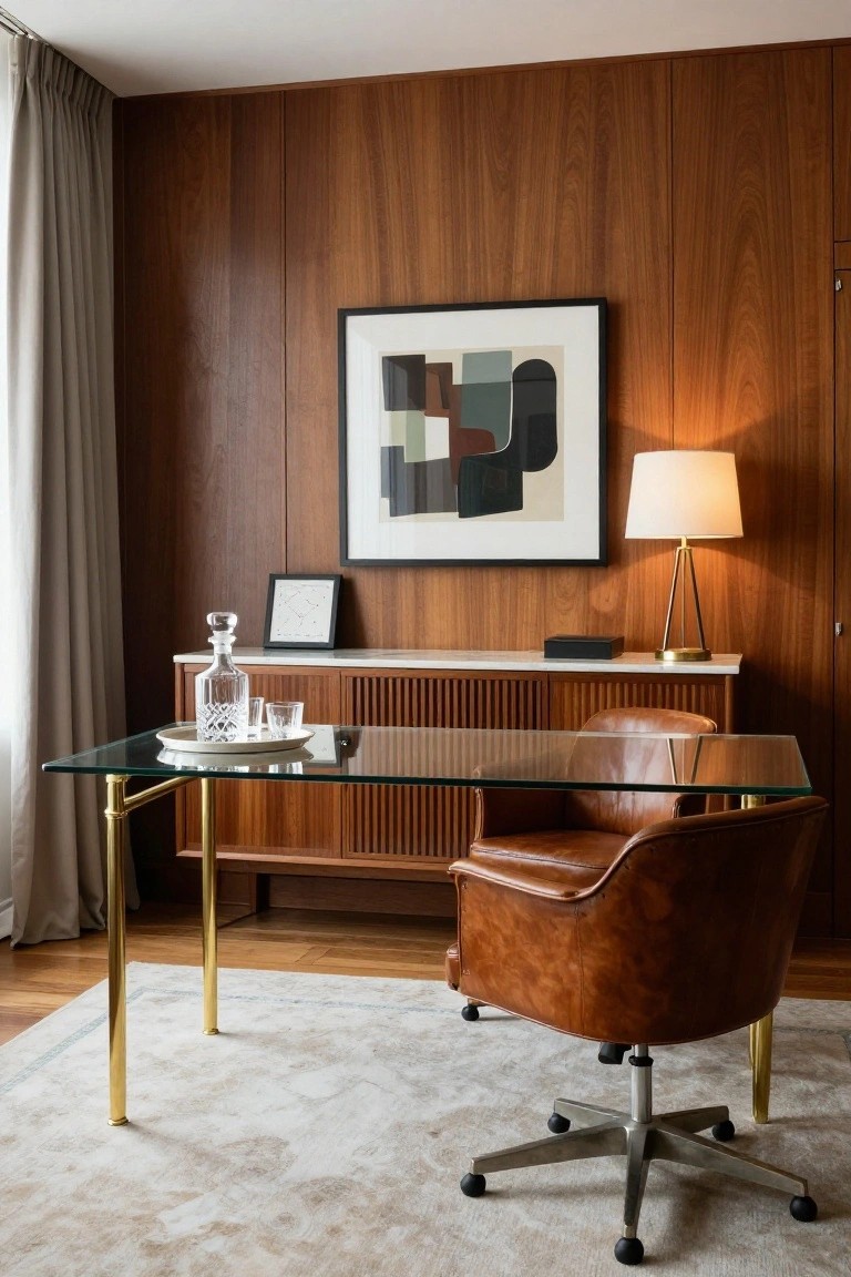 A home office featuring a glass desk with brass legs, a brown leather swivel chair, wood paneled walls, and a wooden credenza beneath abstract artwork.