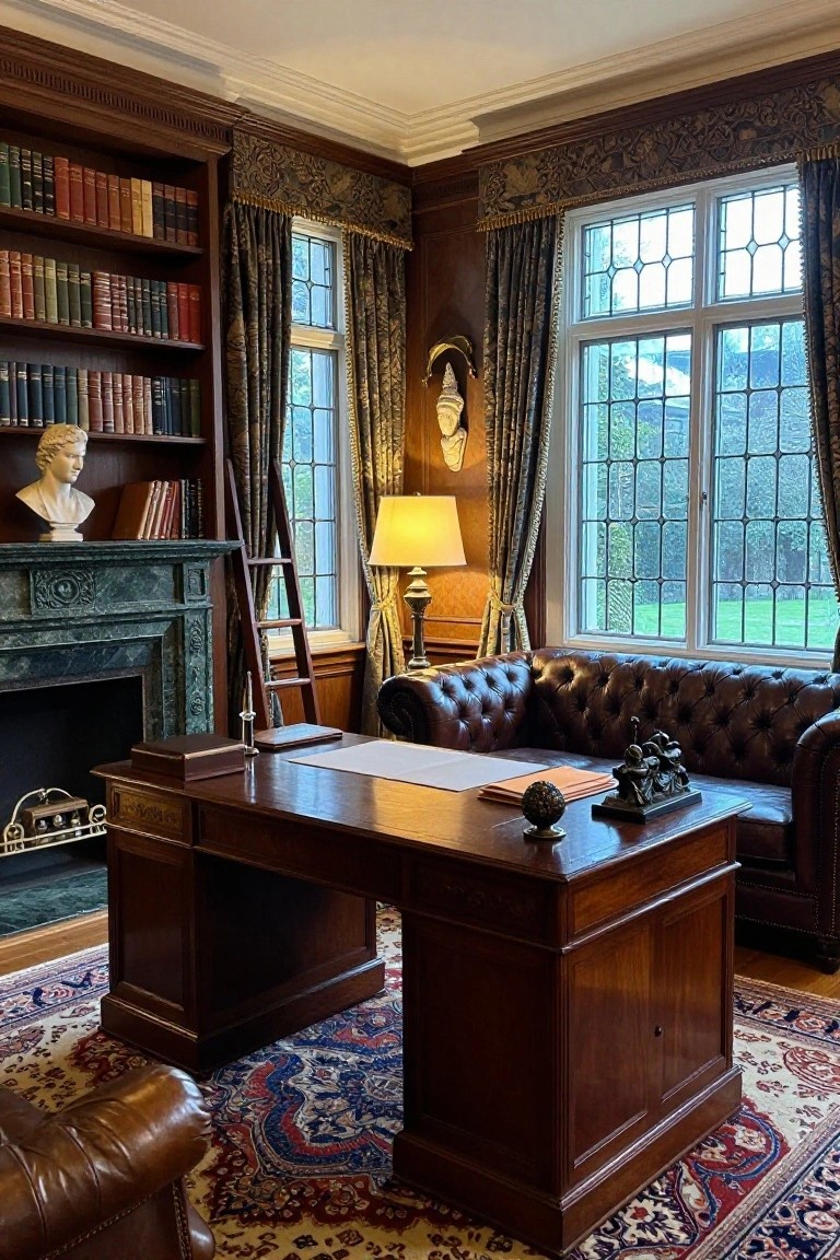 A spacious home office with a large dark wood desk in the foreground, a brown leather sofa along the wall, built-in bookshelves, a fireplace, and tall windows with patterned curtains.