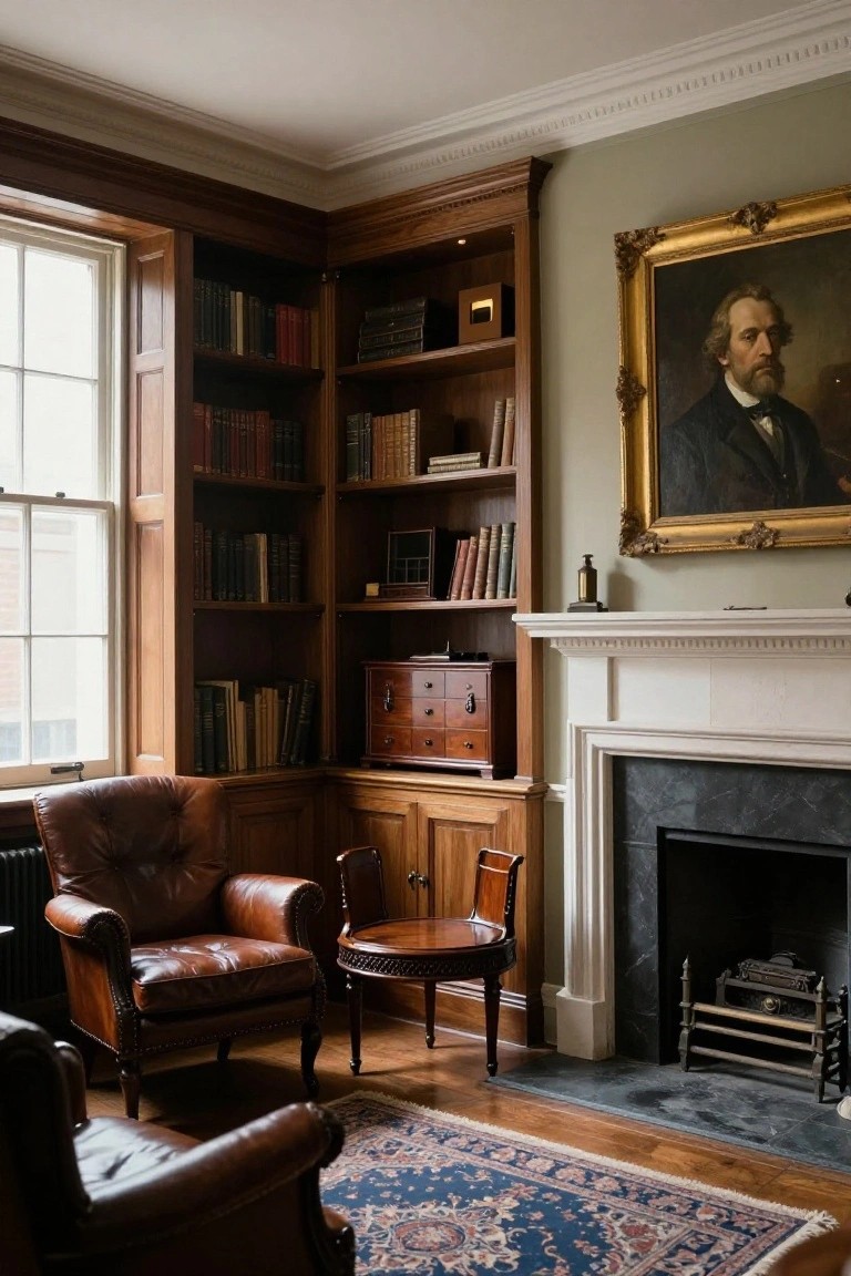 A study interior with dark wood built-in bookshelves filled with books, a white fireplace with a large portrait above it, and brown leather armchairs on a patterned rug.