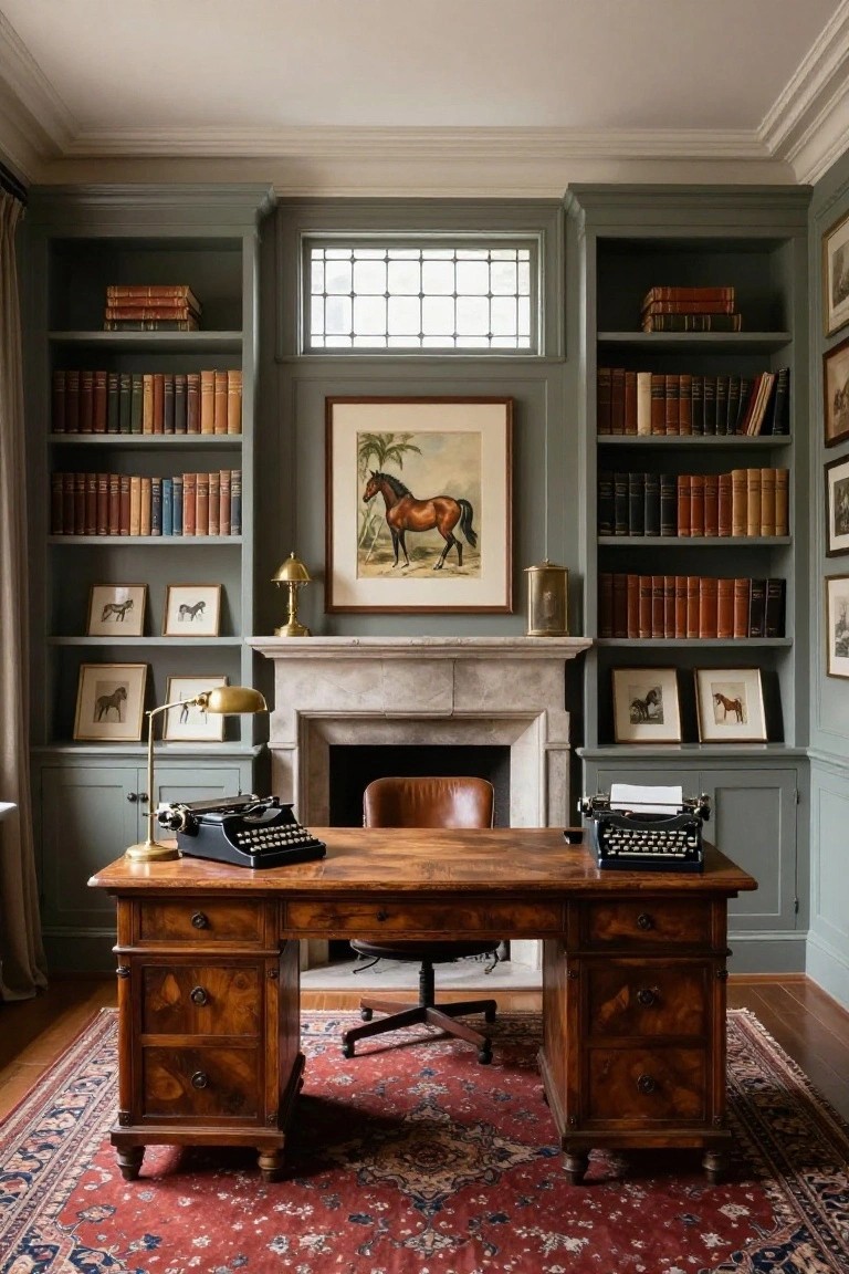 A home office featuring a large wooden desk positioned in front of a stone fireplace, with built-in gray bookshelves on either side filled with books and framed artwork above the mantel.