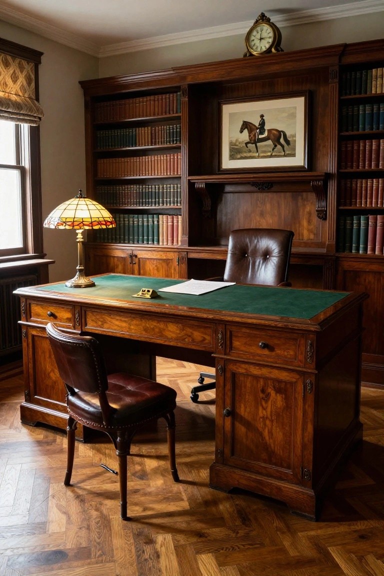 A traditional home office featuring a large wooden desk with green leather top, dark wood built-in bookshelves filled with books, two leather chairs, and a framed painting above the desk.