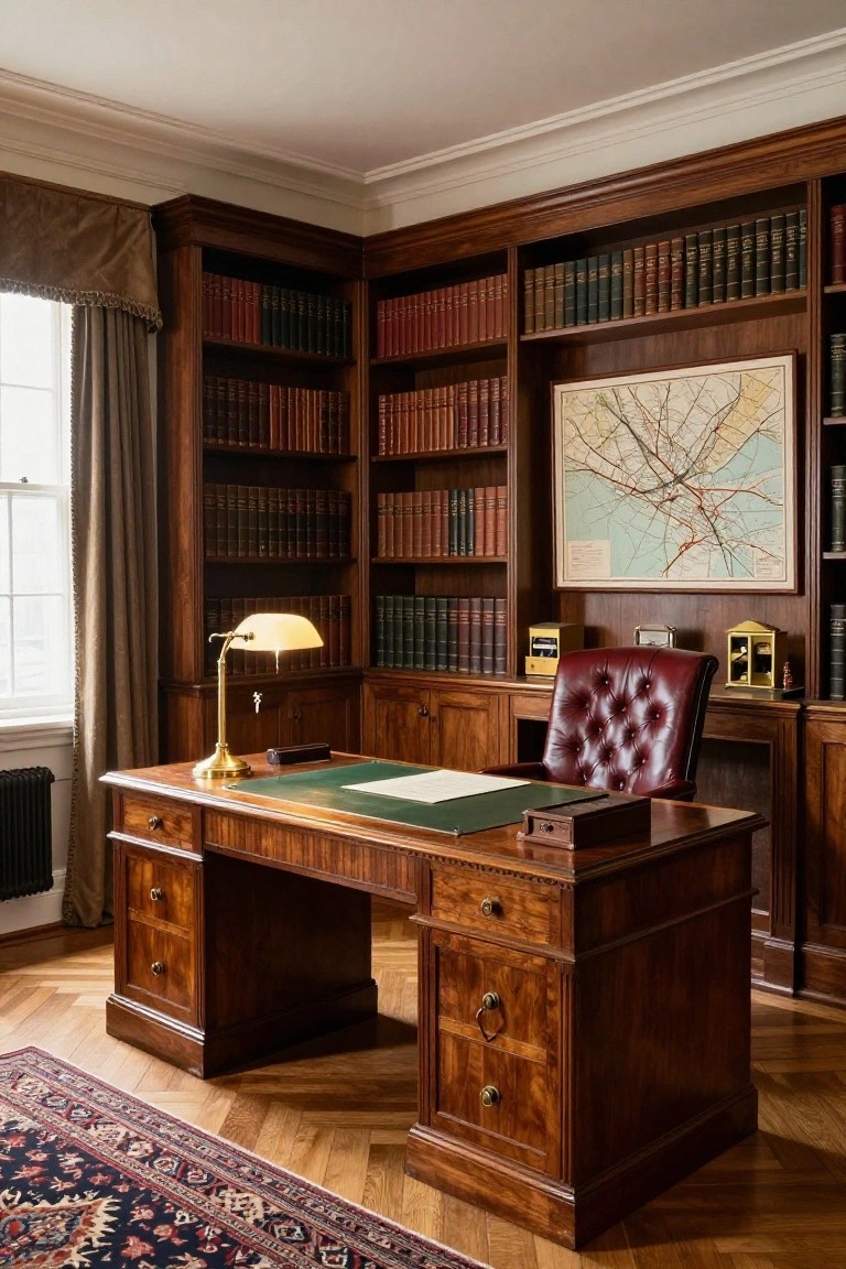 A traditional home office featuring dark wood built-in bookshelves filled with books, a large wooden desk with a green blotter, and a red leather tufted chair.