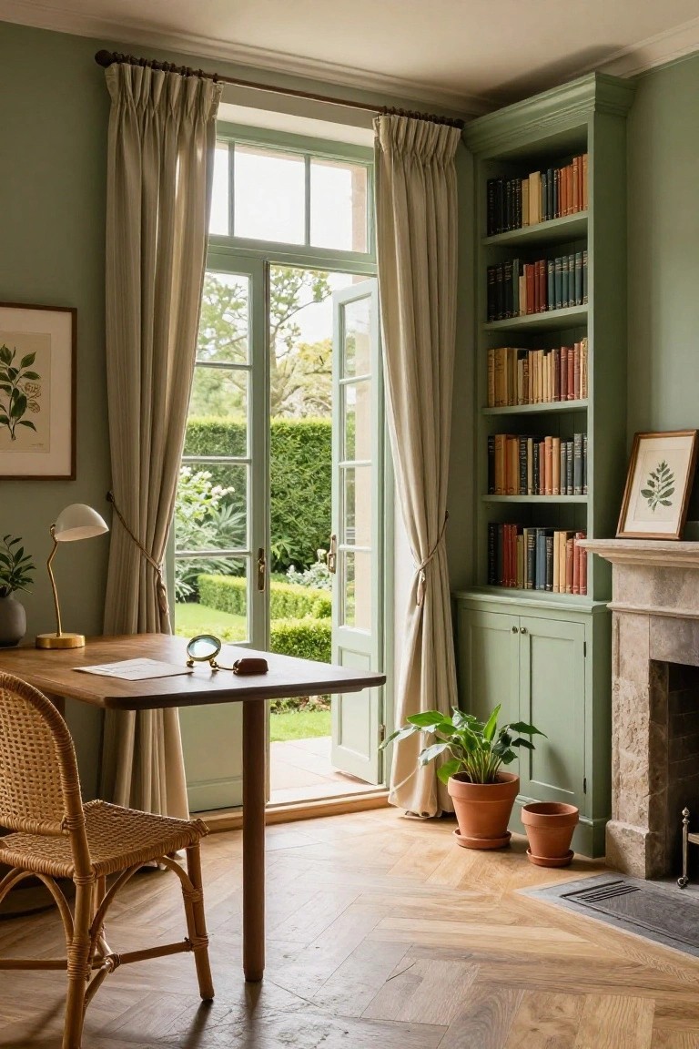 A home office with sage green walls, built-in bookshelves filled with books next to a stone fireplace, a wooden desk, and French doors opening to a garden.