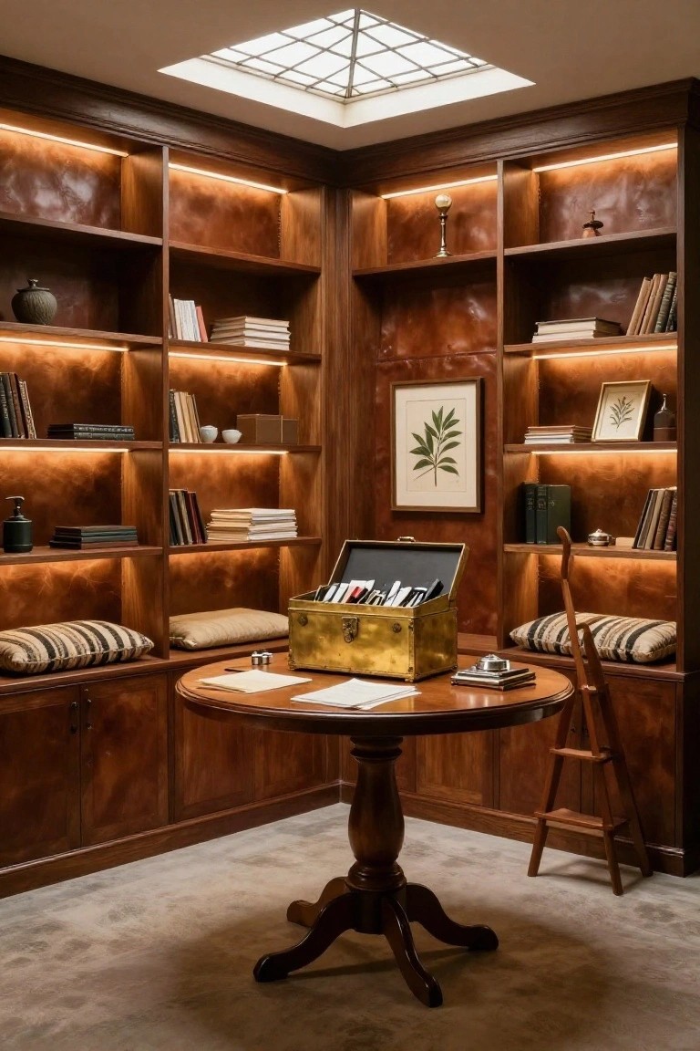 A wood-paneled home office corner with illuminated built-in bookshelves, a round wooden table holding an open brass chest, and a skylight overhead.