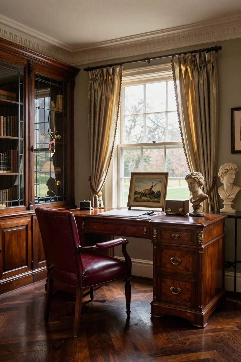 A traditional home office with a large wooden desk, red leather chair, built-in dark wood bookshelves on the left, and a window with beige curtains.
