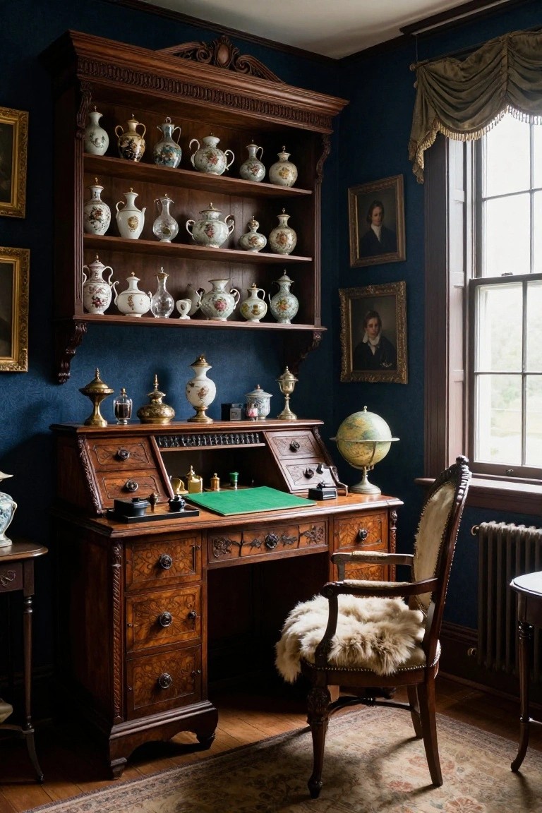 A wooden desk with upper built-in shelves holding porcelain vases, a globe on the right side of the desk, and an upholstered chair in front.