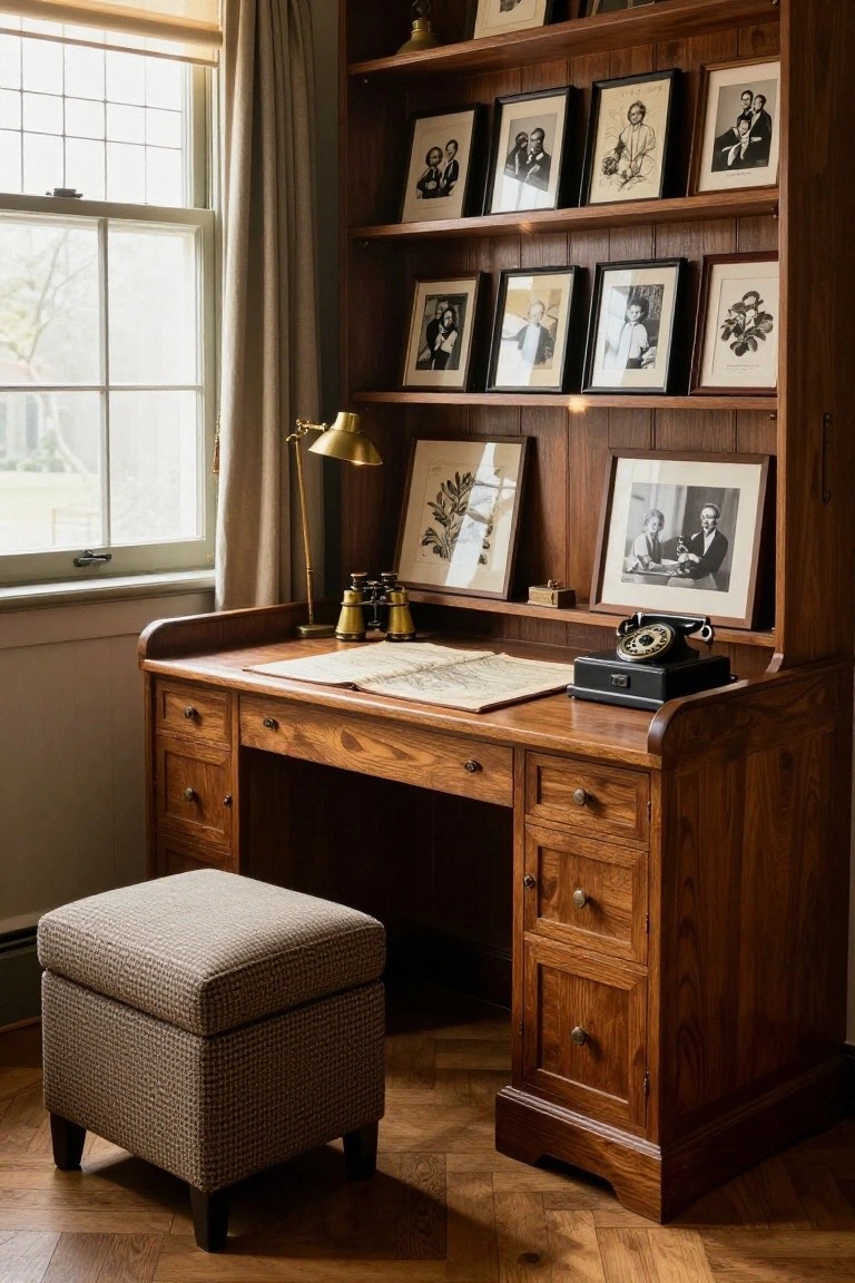 A wooden built-in desk with multiple drawers and open upper shelves holding framed photographs, set against dark wood paneling next to a window.