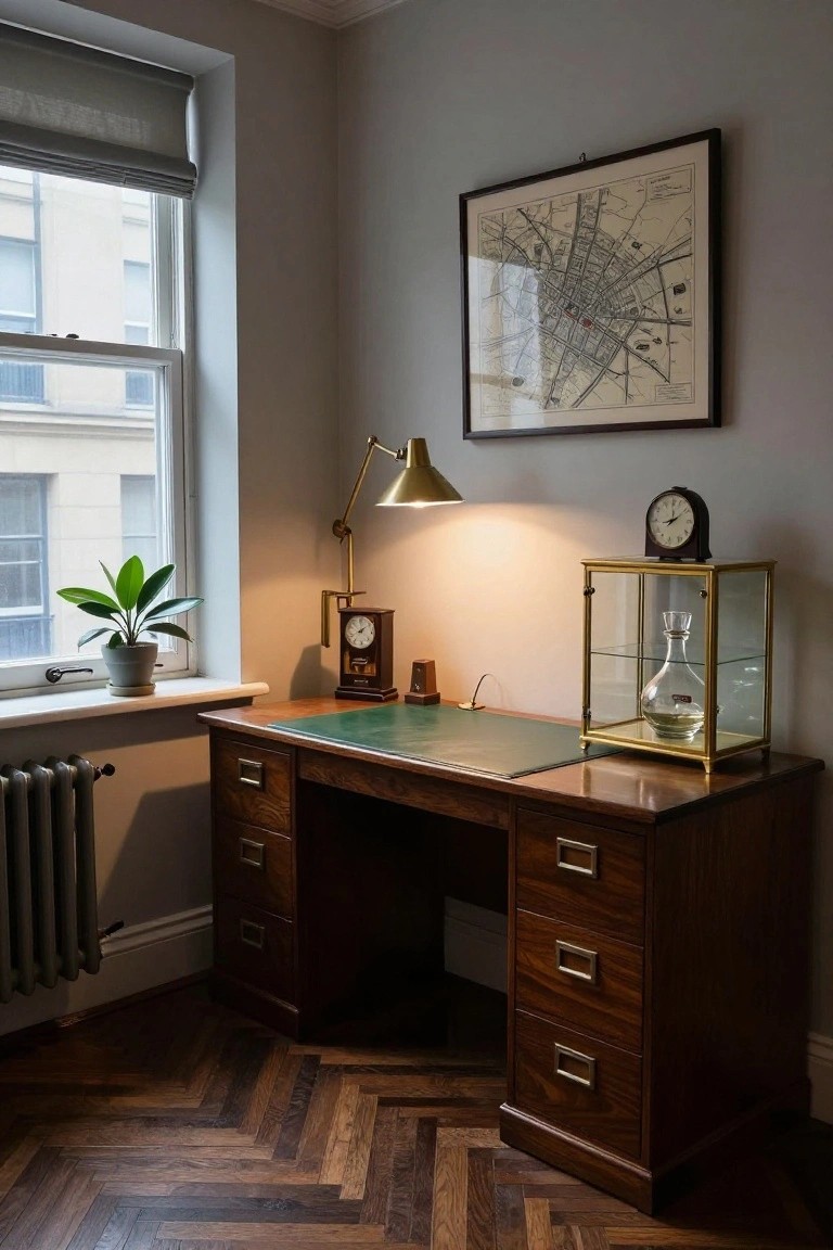 A dark wood desk with green leather top, brass desk lamp, and wooden clock sits in a corner office beneath a framed map.