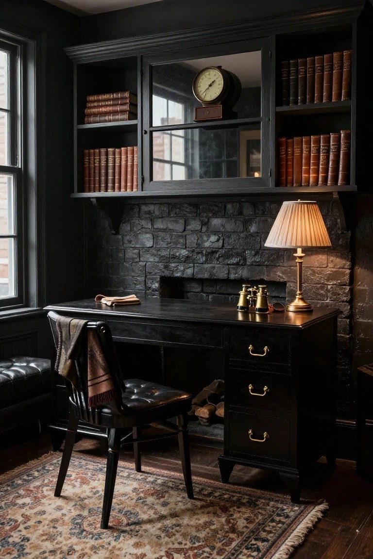 A dark painted built-in shelving unit with open shelves and glass doors sits above a stone fireplace in a home office, with a black desk and leather chair in front.