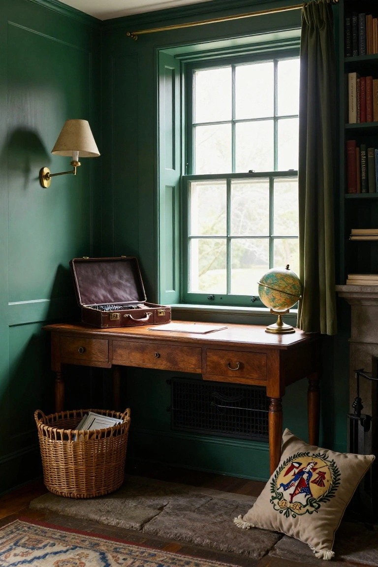 A wooden desk is placed beneath a large window in a room with dark green paneled walls, a globe on the desk, and bookshelves to the side.