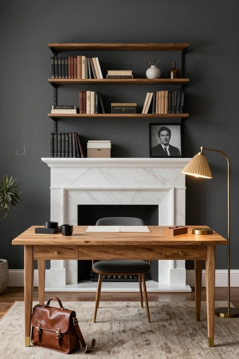 A wooden desk is positioned in front of a white marble fireplace with floating wooden shelves holding books above the mantel and a brass floor lamp beside the desk.