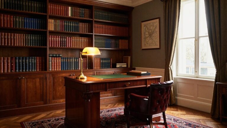20 Old Money Office Ideas for a Prestigious Gentleman Aesthetic A traditional home office featuring dark wood built-in bookshelves filled with books, a large wooden desk with a green blotter, and a red leather tufted chair.
