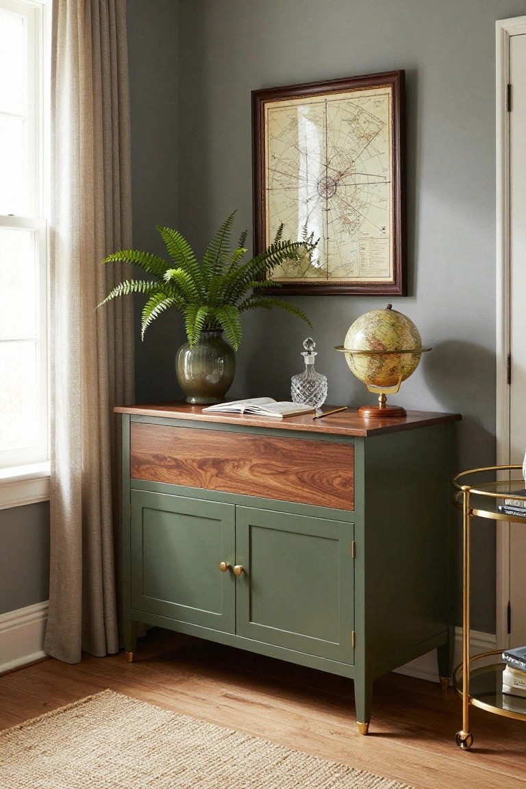 A green cabinet with a wooden top and drawer stands against a gray wall beneath a framed vintage map, with a globe, fern, and crystal decanter on its surface.