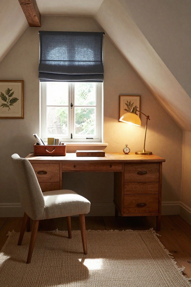 A wooden desk with a fabric chair is placed under a window with a dark Roman shade in a home office.