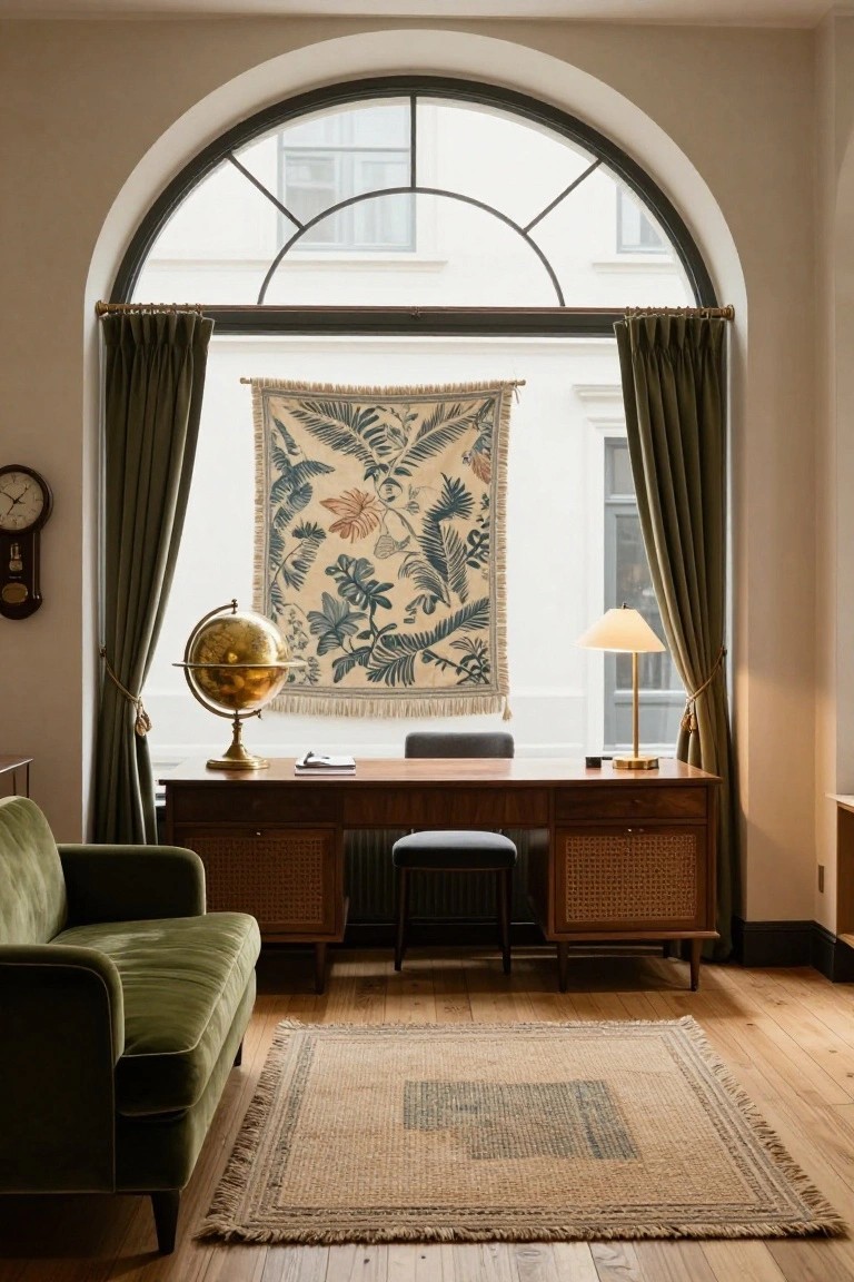 Elegant study with wooden desk, globe, botanical tapestry, and green curtains by arched window.
