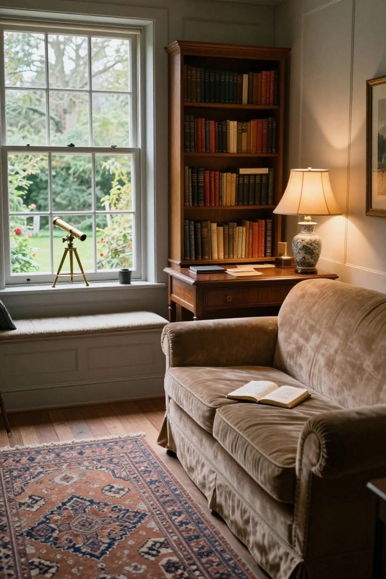 A room interior showing a brown sofa with an open book, a tall wooden bookshelf filled with books, a wooden desk with a lamp, and a large window with a telescope on the sill.