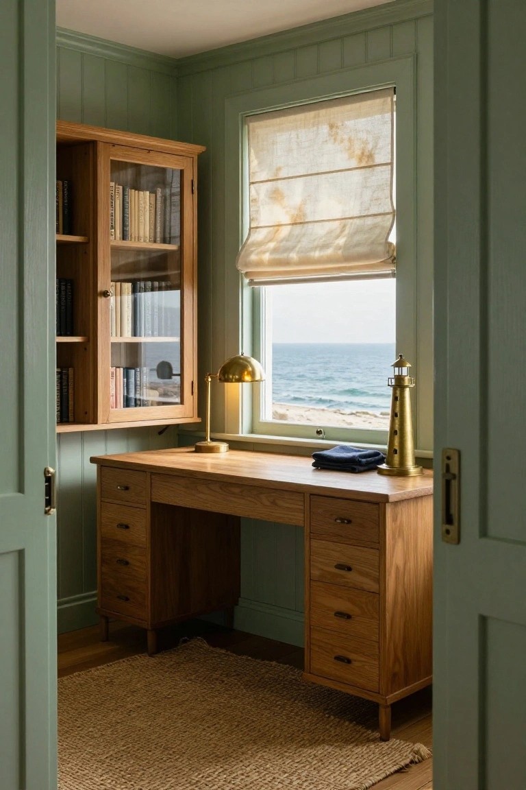 A wooden desk with drawers on both sides sits under a window with a sea view, next to a wooden bookcase with glass doors.