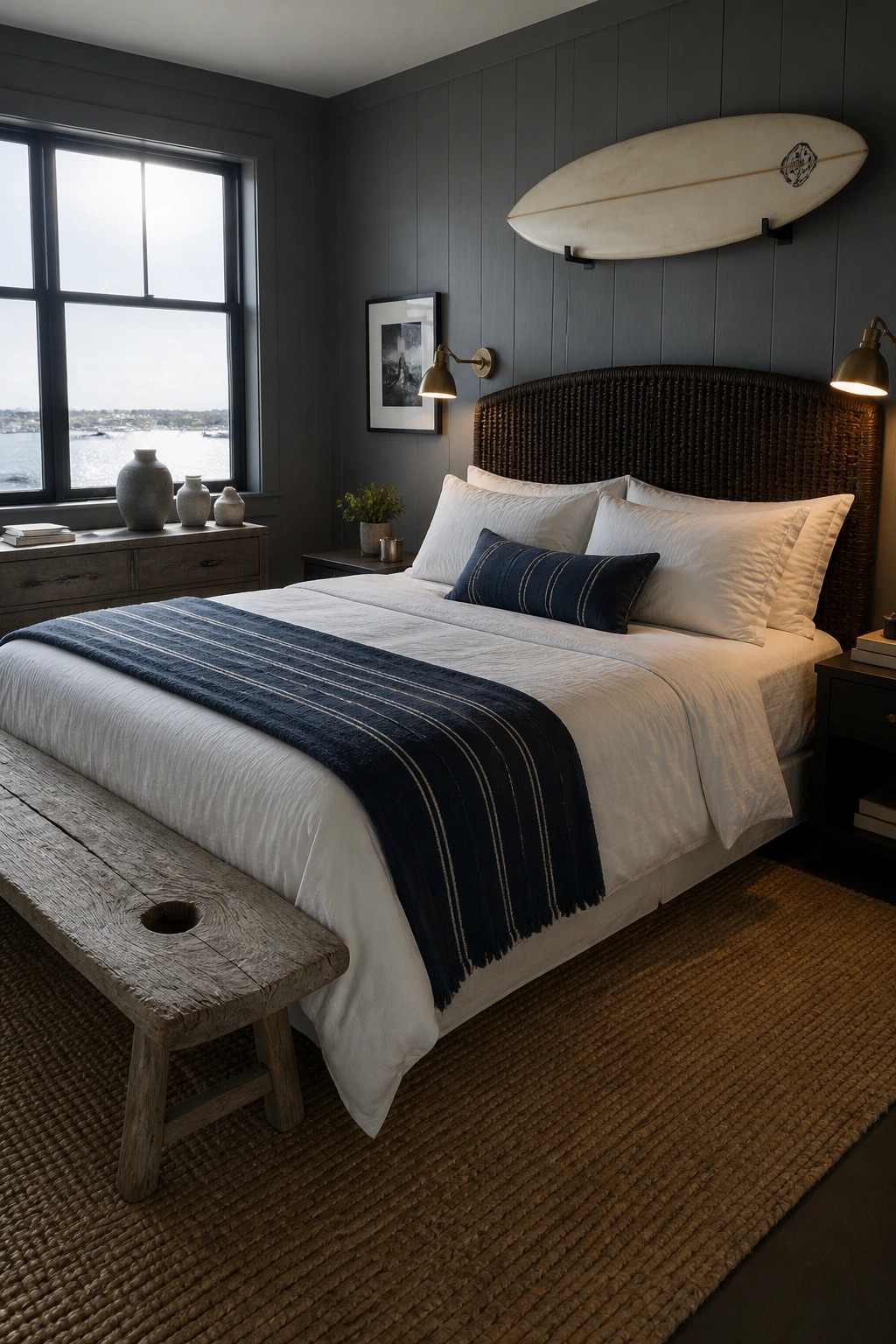 A bedroom featuring a large woven rattan headboard on a bed with white bedding and a navy striped throw, dark gray walls, a surfboard mounted above the bed, and a wooden bench at the foot.